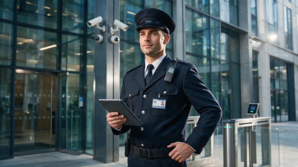 Professional security service officer monitoring a commercial building