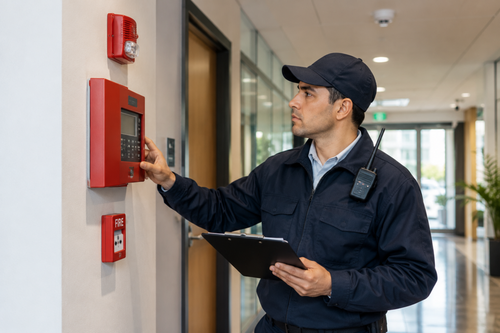 San Antonio fire watch guards inspecting a commercial fire alarm system.